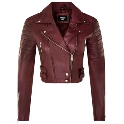 Infinity Casaco curto para mulher, corpo curto, top gótico, casaco de couro real para motociclista elegante Infinity Casaco curto para mulher, corpo curto, top gótico, casaco de couro real para motociclista elegante