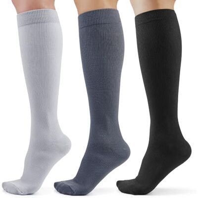 CAMBIVO Meias de compressão mulher homem 3 pares, meias de compressão 8 15 mmHg, meias compridas para desporto, corrida, ciclismo, viagens, avião, enfermeira, Preto e Cinza, L-XL CAMBIVO Meias de compressão mulher homem 3 pares, meias de compressão 8 15 mmHg, meias compridas para desporto, corrida, ciclismo, viagens, avião, enfermeira, Preto e Cinza, L-XL
