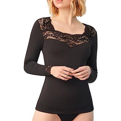 YSABEL MORA T-shirt térmica de renda de manga comprida preta. Cuello cuadrado con encaje en escote y puños, tejido suave, calidez en días fríos, interior o exterior YSABEL MORA T-shirt térmica de renda de manga comprida preta. Cuello cuadrado con encaje en escote y puños, tejido suave, calidez en días fríos, interior o exterior