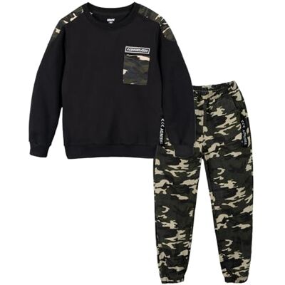 LOLANTA Conjunto de fato de treino de camuflagem para criança, camisola de duas peças e calças cargo, preto, 10-11 anos, 150 LOLANTA Conjunto de fato de treino de camuflagem para criança, camisola de duas peças e calças cargo, preto, 10-11 anos, 150