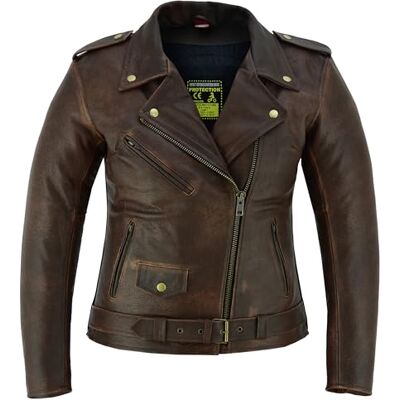 Texpeed Casaco de moto de couro Marlon Brando para mulher casaco de mota de turismo para mulher com proteção CE (EN 1621-1) castanho L Texpeed Casaco de moto de couro Marlon Brando para mulher casaco de mota de turismo para mulher com proteção CE (EN 1621-1) castanho L