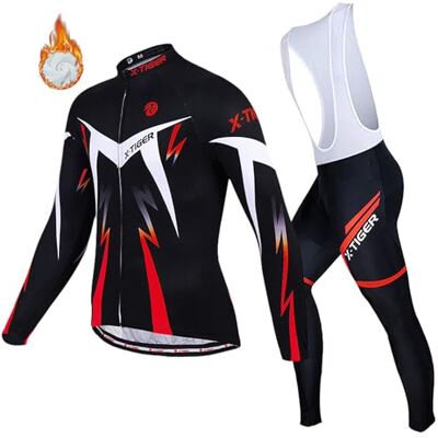 X-TIGER Roupa de Ciclismo de Inverno para Homem com Calças Acolchoadas de Gel 5D e Culotte com Suspensórios + Conjunto de Camiseta de Ciclismo X-TIGER Roupa de Ciclismo de Inverno para Homem com Calças Acolchoadas de Gel 5D e Culotte com Suspensórios + Conjunto de Camiseta de Ciclismo