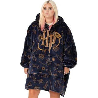 Harry Potter Vuddie Camisola com capuz de tamanho grande para homens e mulheres, ícones e logótipo de forro polar esponjoso, camisola de tamanho único com bolso grande Harry Potter Vuddie Camisola com capuz de tamanho grande para homens e mulheres, ícones e logótipo de forro polar esponjoso, camisola de tamanho único com bolso grande