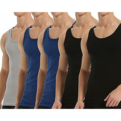 Falechay Camisola de alças para homem em 100% algodão, várias cores disponíveis, pack de 5 Transpirable,Sin mangas,Sin etiquetas interiores,Ideal para deporte,fitness,diario y hogar Falechay Camisola de alças para homem em 100% algodão, várias cores disponíveis, pack de 5 Transpirable,Sin mangas,Sin etiquetas interiores,Ideal para deporte,fitness,diario y hogar