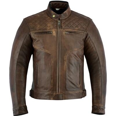 Texpeed Casaco de mota de couro para homem casaco de moto Touring com proteção de armadura autêntica Biker CE (EN 1621-1) padrão de costura de diamantes castanho L Texpeed Casaco de mota de couro para homem casaco de moto Touring com proteção de armadura autêntica Biker CE (EN 1621-1) padrão de costura de diamantes castanho L