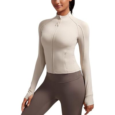 CRZ YOGA Mulher Butterluxe casaco curto de treino com fecho completo Extremamente macio, desporto, corte ajustado, fecho de correr completo, bolsos laterais, orifício para o polegar, para mulher CRZ YOGA Mulher Butterluxe casaco curto de treino com fecho completo Extremamente macio, desporto, corte ajustado, fecho de correr completo, bolsos laterais, orifício para o polegar, para mulher