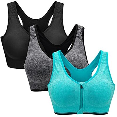 ZOEREA Sutiã desportivo com fecho dianteiro para mulher, com almofadas removíveis, sem costuras, para correr, ginásio, ioga, fitness L Negro + Gris + Verde 1 ZOEREA Sutiã desportivo com fecho dianteiro para mulher, com almofadas removíveis, sem costuras, para correr, ginásio, ioga, fitness L Negro + Gris + Verde 1