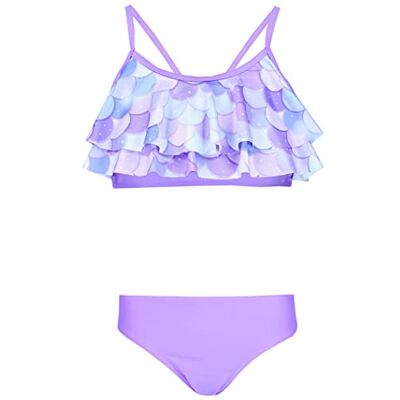 Aquarti Conjunto de biquíni para meninas Bustier biquíni breve fato de banho de duas peças, 030F com babados, sereia / roxo/roxo, 140 Aquarti Conjunto de biquíni para meninas Bustier biquíni breve fato de banho de duas peças, 030F com babados, sereia / roxo/roxo, 140