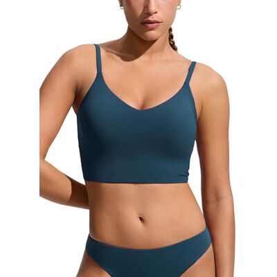 CRZ YOGA Decote em V linha comprida top de biquíni, Azul e rosa: CRZ YOGA Decote em V linha comprida top de biquíni, Azul e rosa: