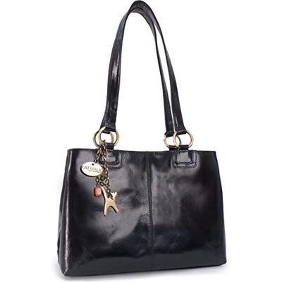Catwalk Collection Handbags Bolsa de Ombro de Pele para Mulher Bolsa Tote Média Bolsa de Mão Diária com Multibolsos , Preto, L Catwalk Collection Handbags Bolsa de Ombro de Pele para Mulher Bolsa Tote Média Bolsa de Mão Diária com Multibolsos , Preto, L