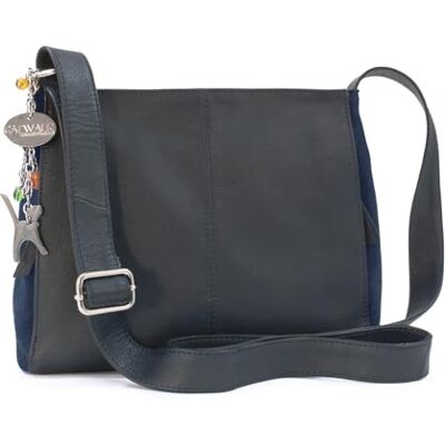 Catwalk Collection Handbags Bolsa de tiracolo média de pele e camurça mala cruzada de mulher mala de diário formato A5 Charlotte, azul Catwalk Collection Handbags Bolsa de tiracolo média de pele e camurça mala cruzada de mulher mala de diário formato A5 Charlotte, azul