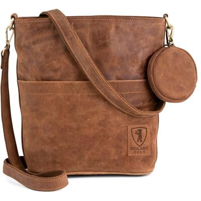 Berliner Bags Sofia Mala de ombro de pele autêntica para mulher com duas alças ajustáveis e estilo de tiracolo, design elegante, Camelo Berliner Bags Sofia Mala de ombro de pele autêntica para mulher com duas alças ajustáveis e estilo de tiracolo, design elegante, Camelo