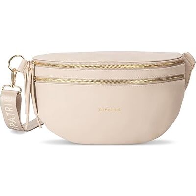 Expatrié Bolsa de cintura mulher bege Alice Large bolsa canguru de couro vegan para festivais, viagens e todos os dias bolsa de cintura elegante repelente de água Expatrié Bolsa de cintura mulher bege Alice Large bolsa canguru de couro vegan para festivais, viagens e todos os dias bolsa de cintura elegante repelente de água