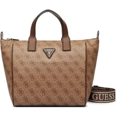GUESS bolsa de ombro Follie Small Tote Bag Latte logótipo castanho GUESS bolsa de ombro Follie Small Tote Bag Latte logótipo castanho