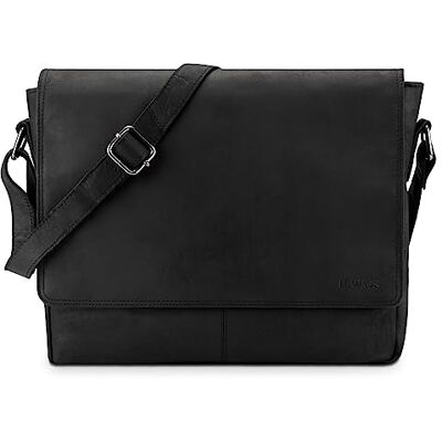 LEABAGS Bolsa de tiracolo para homens e mulheres bolsa para computador portátil de couro autêntico de 14" Mala de mensageiro com alça mala de ombro mala de mão de trabalho, Preto e branco LEABAGS Bolsa de tiracolo para homens e mulheres bolsa para computador portátil de couro autêntico de 14" Mala de mensageiro com alça mala de ombro mala de mão de trabalho, Preto e branco