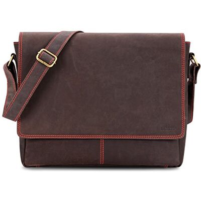 LEABAGS Mala de tiracolo para homens e mulheres mala de mensageiro com alça bolsa de couro genuíno para portátil de 15" mala de ombro mala de transporte, castanho escuro/vermelho LEABAGS Mala de tiracolo para homens e mulheres mala de mensageiro com alça bolsa de couro genuíno para portátil de 15" mala de ombro mala de transporte, castanho escuro/vermelho