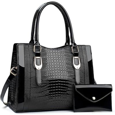 NICOLE & DORIS Mala Tote 2 peças malas mulher mala de mão elegante mala com porta-moedas mala de tiracolo envernizado mala de ombro para viagens compras trabalho, Preto, L, Tote, crossbody NICOLE & DORIS Mala Tote 2 peças malas mulher mala de mão elegante mala com porta-moedas mala de tiracolo envernizado mala de ombro para viagens compras trabalho, Preto, L, Tote, crossbody