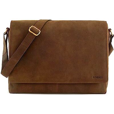 LEABAGS Mala de tiracolo para homens e mulheres mala de mensageiro com alça bolsa de couro genuíno para portátil de 15" mala de ombro mala de trabalho, bolsa de transporte, castanho médio natural LEABAGS Mala de tiracolo para homens e mulheres mala de mensageiro com alça bolsa de couro genuíno para portátil de 15" mala de ombro mala de trabalho, bolsa de transporte, castanho médio natural