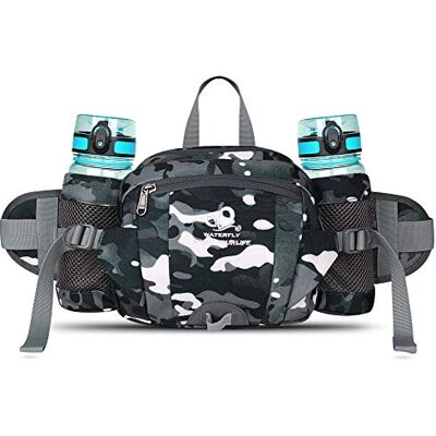 Waterfly Bolsa de cintura desportiva impermeável multifuncional com porta-garrafas para correr, caminhadas e ciclismo para homem e mulher, Camuflado preto Waterfly Bolsa de cintura desportiva impermeável multifuncional com porta-garrafas para correr, caminhadas e ciclismo para homem e mulher, Camuflado preto