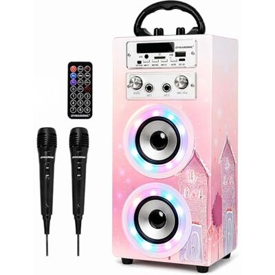 DYNASONIC Karaoke portátil (025-19) máquina de karaoke com 2 microfones, altifalante Bluetooth, luz USB incluída, leitor USB e SD, design exclusivo, presente original DYNASONIC Karaoke portátil (025-19) máquina de karaoke com 2 microfones, altifalante Bluetooth, luz USB incluída, leitor USB e SD, design exclusivo, presente original