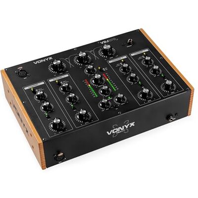 Vonyx VDJ270 Misturador DJ analógico de 4 canais com equalizador Entradas Phono e Line, entrada dupla XLR para microfone, saída Booth, medidores VU LED Vonyx VDJ270 Misturador DJ analógico de 4 canais com equalizador Entradas Phono e Line, entrada dupla XLR para microfone, saída Booth, medidores VU LED