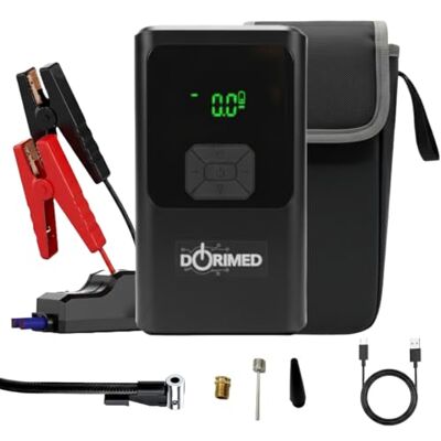 DORIMED Booster Bateria de carro multifuncional I arranque de bateria de 12 V gasolina e diesel I compressor de ar bomba pneus I carregador USB rápido I iluminação LED & SOS I ecrã LCD de DORIMED Booster Bateria de carro multifuncional I arranque de bateria de 12 V gasolina e diesel I compressor de ar bomba pneus I carregador USB rápido I iluminação LED & SOS I ecrã LCD de