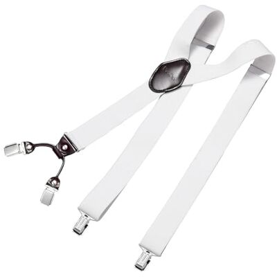 DonDon Alças masculinas 3,5 cm largura 4 clipes com couro castanho de forma e elástico e com comprimento ajustável, Branco DonDon Alças masculinas 3,5 cm largura 4 clipes com couro castanho de forma e elástico e com comprimento ajustável, Branco