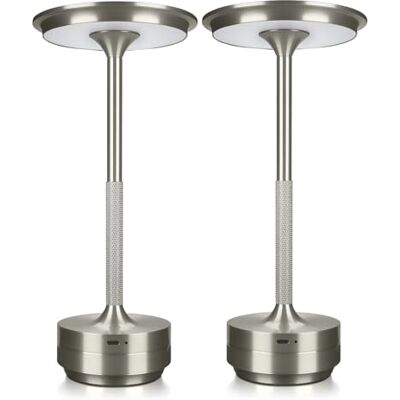 MMOBIEL Candeeiro de mesa LED sem fios metal recarregável com controlo tátil, 3 tons reguláveis, bateria 5200 mAh, USB-C para interior / exterior, quarto, restaurante, 2 peças, prateado MMOBIEL Candeeiro de mesa LED sem fios metal recarregável com controlo tátil, 3 tons reguláveis, bateria 5200 mAh, USB-C para interior / exterior, quarto, restaurante, 2 peças, prateado