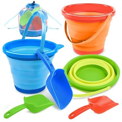 JOYIN 3 pacotes de baldes dobráveis com pás e saco de malha, baldes dobráveis multiusos para praia, equipamento de campismo, festa na praia, pesca e atividades divertidas de verão (laranja/azul JOYIN 3 pacotes de baldes dobráveis com pás e saco de malha, baldes dobráveis multiusos para praia, equipamento de campismo, festa na praia, pesca e atividades divertidas de verão (laranja/azul