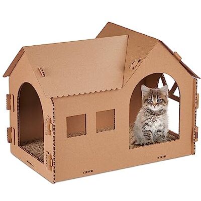Relaxdays Casa gato com arranhador, caverna gatinho superfície riscada para montar, Incl. Erva de gata, 36 x 49 x 29 cm, castanho Relaxdays Casa gato com arranhador, caverna gatinho superfície riscada para montar, Incl. Erva de gata, 36 x 49 x 29 cm, castanho