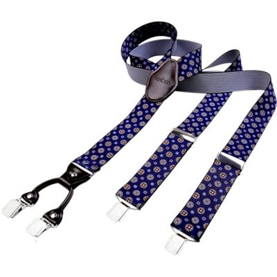 DonDon Alças masculinas 3,5 cm largura 4 clipes com couro castanho de forma e elástico e com comprimento ajustável, Azul escuro com desenhos, Talla única DonDon Alças masculinas 3,5 cm largura 4 clipes com couro castanho de forma e elástico e com comprimento ajustável, Azul escuro com desenhos, Talla única