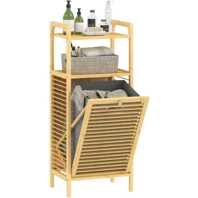 HOMCOM Mueble de Baño con Cesto Ropa Sucia 40x30x95 cm Natural y Gris Armário roupa suja de bambu, saco de roupa removível 37 L e lavável com alça, 2 prateleiras abertas, para lavandaria HOMCOM Mueble de Baño con Cesto Ropa Sucia 40x30x95 cm Natural y Gris Armário roupa suja de bambu, saco de roupa removível 37 L e lavável com alça, 2 prateleiras abertas, para lavandaria