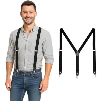 DonDon Suspensórios para homem estreitos largos 2,5 cm com 3 clips extra fortes suspensórios para calças homem, Preto, Tamanho único DonDon Suspensórios para homem estreitos largos 2,5 cm com 3 clips extra fortes suspensórios para calças homem, Preto, Tamanho único