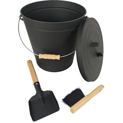 Relaxdays Cubo para cinzas de 20 l com tampa, escova e pá, alça preta / natural Relaxdays Cubo para cinzas de 20 l com tampa, escova e pá, alça preta / natural