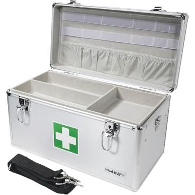 HMF 14701-09 Kit de primeiros socorros, depósito de medicamentos, alça de transporte, alumínio, 40 x 22,5 x 20,5 cm HMF 14701-09 Kit de primeiros socorros, depósito de medicamentos, alça de transporte, alumínio, 40 x 22,5 x 20,5 cm