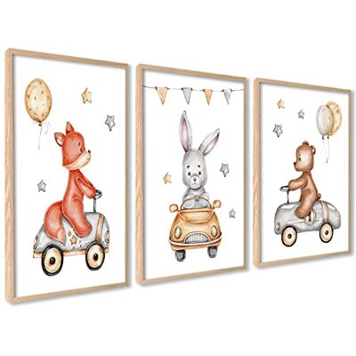 Pacote de 3 decoração de quarto de bebé 30 x 40 cm sem moldura Animais no carro, decoração mural, madeira MDF resistente, para sala de estar e quarto, design moderno, quarto de bebé Pacote de 3 decoração de quarto de bebé 30 x 40 cm sem moldura Animais no carro, decoração mural, madeira MDF resistente, para sala de estar e quarto, design moderno, quarto de bebé