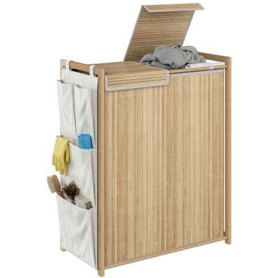 HOMCOM Cesto de roupa suja com tampa, 120 l, cesta de bambu 63 x 33 x 78 cm 2 compartimentos, sacos com cordão removíveis e laváveis, bolsos laterais HOMCOM Cesto de roupa suja com tampa, 120 l, cesta de bambu 63 x 33 x 78 cm 2 compartimentos, sacos com cordão removíveis e laváveis, bolsos laterais
