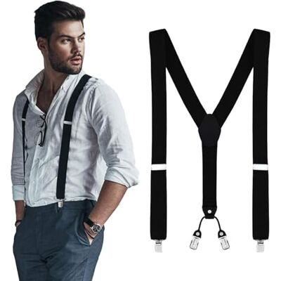DonDon Suspensórios para homem largos 3,5 cm com 4 clipes extra fortes suspensórios para calças homem, Preto, Tamanho único DonDon Suspensórios para homem largos 3,5 cm com 4 clipes extra fortes suspensórios para calças homem, Preto, Tamanho único