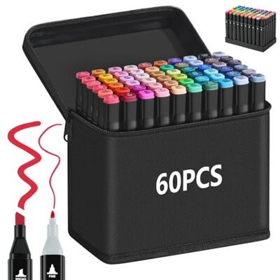 ART Marcadores de cores, marcadores permanentes de ponta dupla e secagem rápida, com bolsa de armazenamento e organizador para esboços, banda desenhada, ilustração e cores profissionais (60) ART Marcadores de cores, marcadores permanentes de ponta dupla e secagem rápida, com bolsa de armazenamento e organizador para esboços, banda desenhada, ilustração e cores profissionais (60)