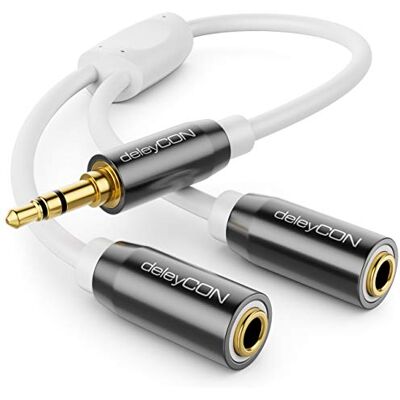 deleyCON 0,2 m Catracas de áudio e cabo divisor AUX tomada de 3,5 mm em tomada 2 x 3,5 mm, cabo adaptador e jack estéreo de 3,5 mm deleyCON 0,2 m Catracas de áudio e cabo divisor AUX tomada de 3,5 mm em tomada 2 x 3,5 mm, cabo adaptador e jack estéreo de 3,5 mm