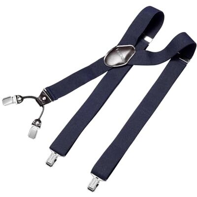 DonDon suspensórios para homens 3,5 cm de largura 4 clipes com couro marrom em forma de Y elástico e com comprimento ajustável, Azul Marinho, Tamanho único DonDon suspensórios para homens 3,5 cm de largura 4 clipes com couro marrom em forma de Y elástico e com comprimento ajustável, Azul Marinho, Tamanho único