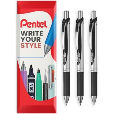 Pentel Energel XM Esferográfica de gel líquido retrátil 0,7 mm 54 % recicladas preto pacote de 3 Pentel Energel XM Esferográfica de gel líquido retrátil 0,7 mm 54 % recicladas preto pacote de 3