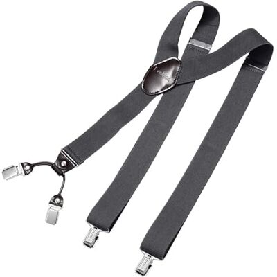 DonDon suspensórios para homens 3,5 cm de largura 4 clipes com couro marrom em forma de Y elástico e com comprimento ajustável, Cinzento escuro, Tamanho único DonDon suspensórios para homens 3,5 cm de largura 4 clipes com couro marrom em forma de Y elástico e com comprimento ajustável, Cinzento escuro, Tamanho único