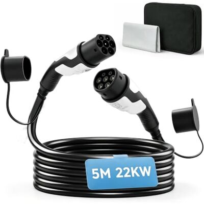 HOMCOM Cabo de carregamento de carro elétrico 22 kW 5 m 32A modo 3 Cabo de carregamento EV tipo 2, pano de limpeza, saco de armazenamento, carregamento rápido, para Wallbox e estações de EV e HOMCOM Cabo de carregamento de carro elétrico 22 kW 5 m 32A modo 3 Cabo de carregamento EV tipo 2, pano de limpeza, saco de armazenamento, carregamento rápido, para Wallbox e estações de EV e