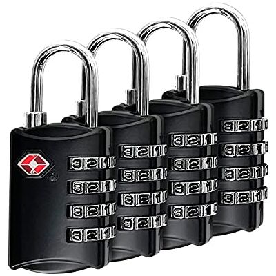 DonDon 4 x TSA cadeados de bagagem para viagem de cor preta com código numérico de 4 dígitos, Preto, Lock de renda DonDon 4 x TSA cadeados de bagagem para viagem de cor preta com código numérico de 4 dígitos, Preto, Lock de renda