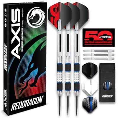 Dragon Darts Axis Blue Series 24g Conjunto de dardos profissionais com ponta de aço de 85% tungsténio com voos, hastes e carteira Dragon Darts Axis Blue Series 24g Conjunto de dardos profissionais com ponta de aço de 85% tungsténio com voos, hastes e carteira