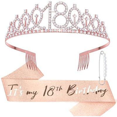 DRESHOW 18 Aniversários coroa e faixa para mulher 18 anos menina faixa e tiara festa de strass set decorações de aniversário acessórios para o cabelo purpurina DRESHOW 18 Aniversários coroa e faixa para mulher 18 anos menina faixa e tiara festa de strass set decorações de aniversário acessórios para o cabelo purpurina