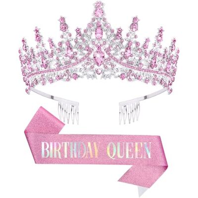DRESHOW Coroa e faixa de aniversário para mulher faixa de rainha de aniversário e tiara de Strass Set tiaras e faixas para meninas decorações acessórios para o cabelo DRESHOW Coroa e faixa de aniversário para mulher faixa de rainha de aniversário e tiara de Strass Set tiaras e faixas para meninas decorações acessórios para o cabelo