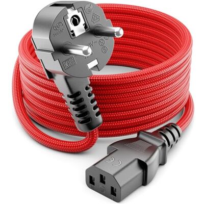 deleyCON 10 m Cabo de alimentação IEC de nylon codado de 90 graus conector elétrico com tomada de terra (tomada tipo F para conexão C13) para PC computador monitor impressora projetor vermelho deleyCON 10 m Cabo de alimentação IEC de nylon codado de 90 graus conector elétrico com tomada de terra (tomada tipo F para conexão C13) para PC computador monitor impressora projetor vermelho