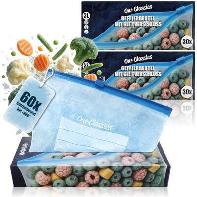 com-four ® 60 x Sacos de congelação 3L com fecho, sacos reutilizáveis com-four ® 60 x Sacos de congelação 3L com fecho, sacos reutilizáveis